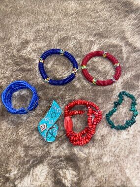 Handmade Red and Blue Beaded Bracelet Set